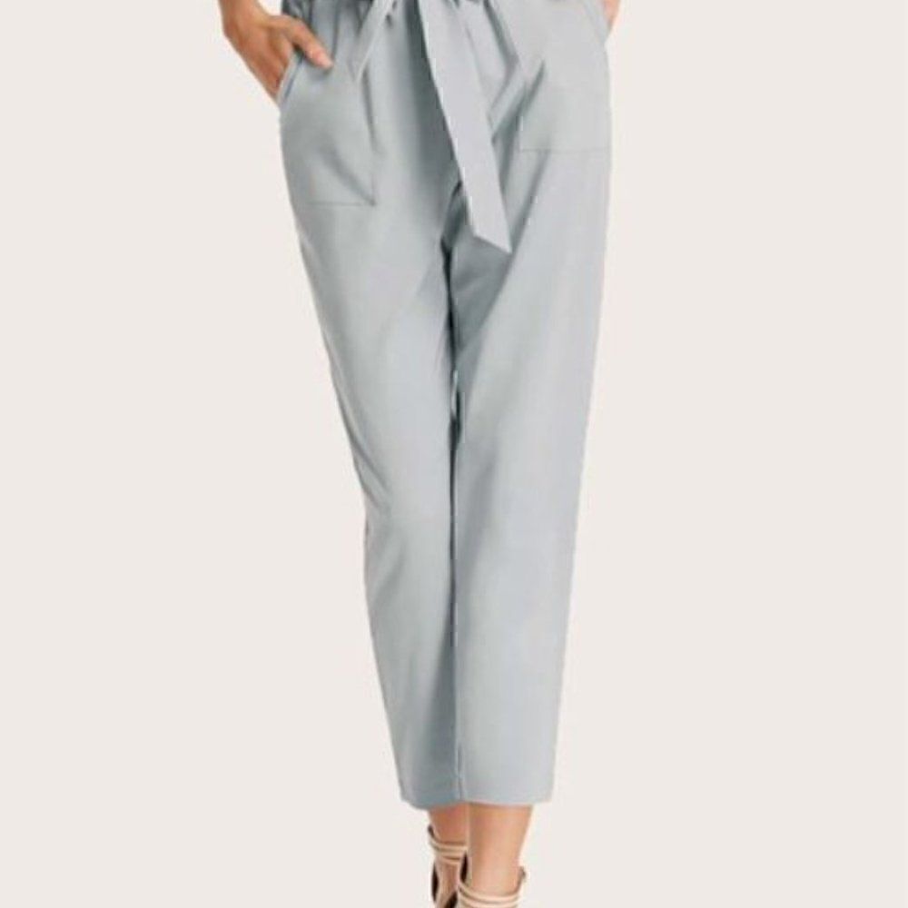 Apana Putty Grey Paperbag High Waist Belted Pants - Picture 2 of 8